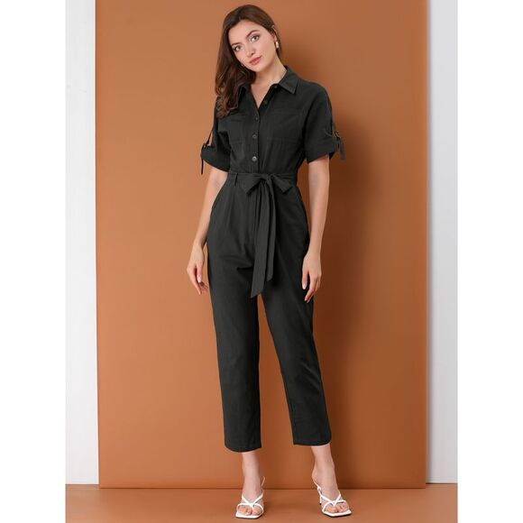 Short Sleeve Collared Cropped Button Down Tie Waist Cotton Cargo Jumpsuit Black - Picture 3 of 6
